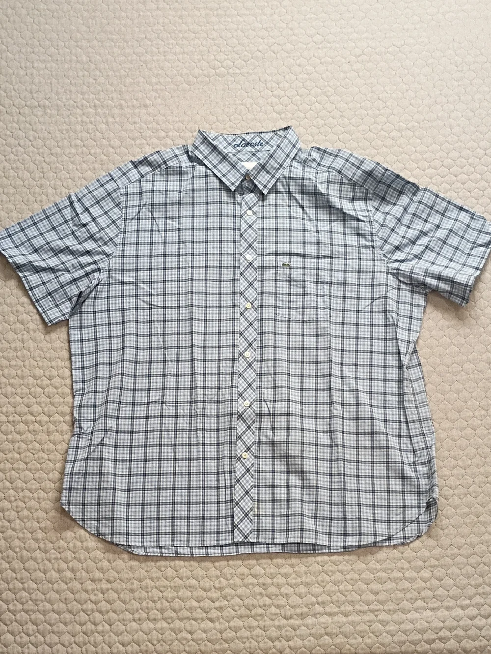 LACOSTE Shirt 2XL 46 Slim Fit Button Down Blue Plaid Short Sleeve - Picture 1 of 6